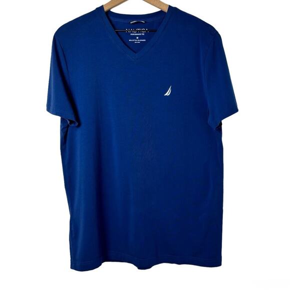 NAUTICA PERFORMANCE V-NECK TEE MEN SIZE MEDIUM SHORT SLEEVE BLUE WHITE TOP - Picture 1 of 4
